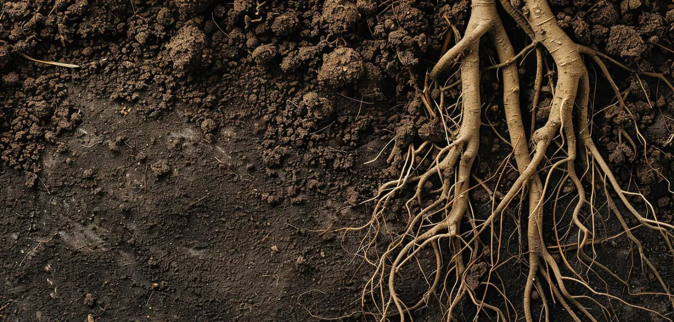 A close up photo of roots of a tree with soil dirt.